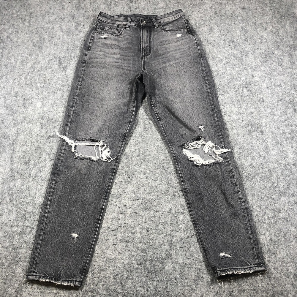 American Eagle Highest Rise Mom Jeans Womens 2 Charcoal Wash Distressed Denim
